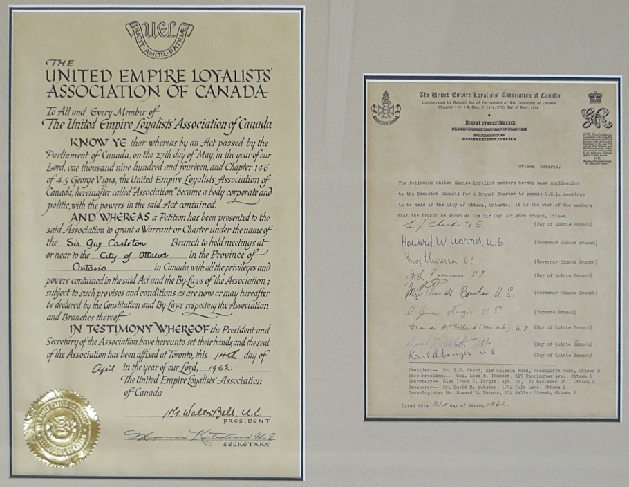 Official Charter Establishing the Sir Guy Carleton Branch and Letter of Request