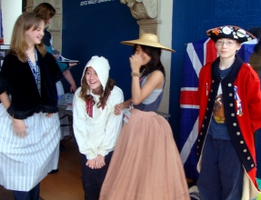 B.C. students trying on Loyalist clothes at the Heritage Fair