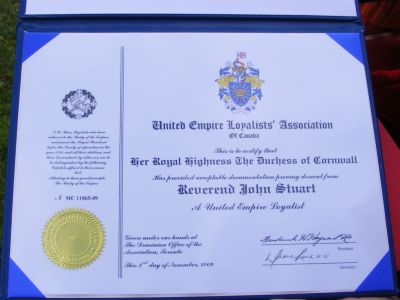 Loyalist certificate for Her Royal Highness descended from Rev. John Stuart